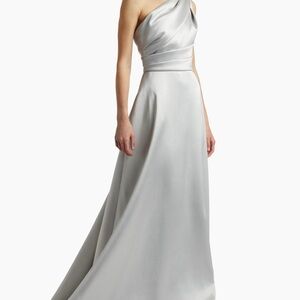 Amsale One-Shoulder Silver Satin Gown